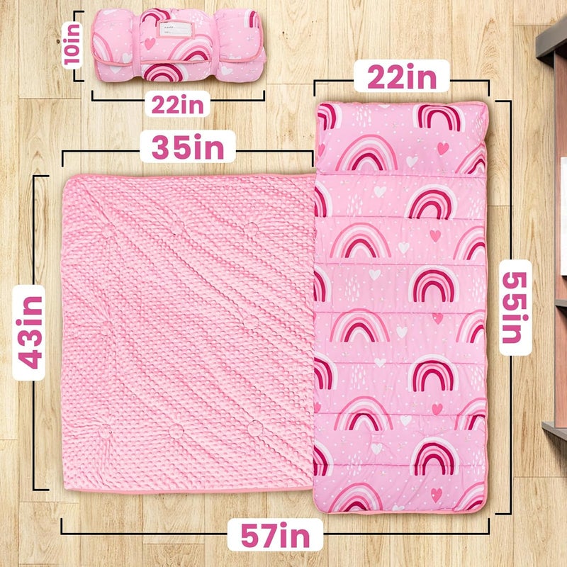 Beavtaens Toddler Nap Mat with Pillow and Minky Blanket, Large 55"x35" Sleeping Bag, Washable, Lightweight, Easy to Roll, Perfect for Preschool, Daycare, Kindergarten, Travel, Boys and Girls(Rainbow) - Image 2